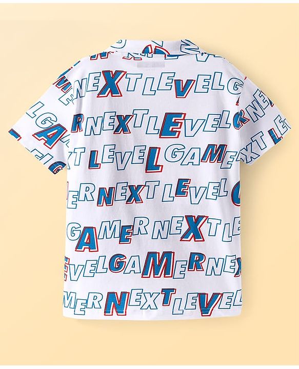 Pine Kids Single Jersey Knit Half Sleeves Night Suit with Text Print - White & Blue