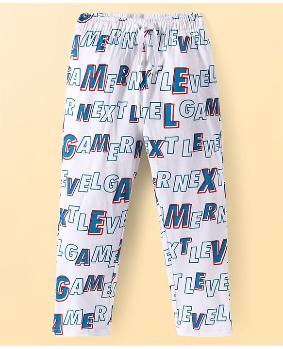 Pine Kids Single Jersey Knit Half Sleeves Night Suit with Text Print - White & Blue