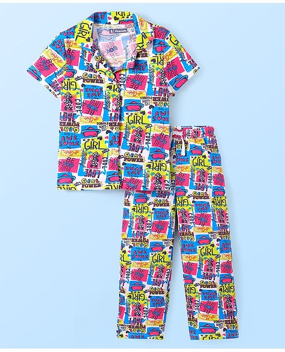 Pine Kids Single Jersey Knit Half Sleeves Night Suit with Heart & Text Print - Blue & Green