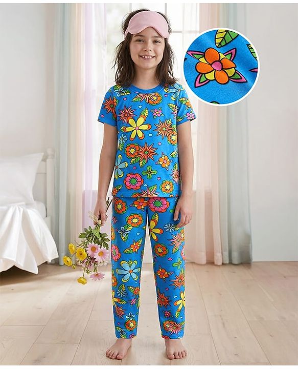 Pine Kids Single Jersey Knit Half Sleeves Night Suit with Floral Print - Blue