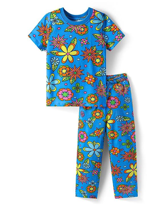 Pine Kids Single Jersey Knit Half Sleeves Night Suit with Floral Print - Blue