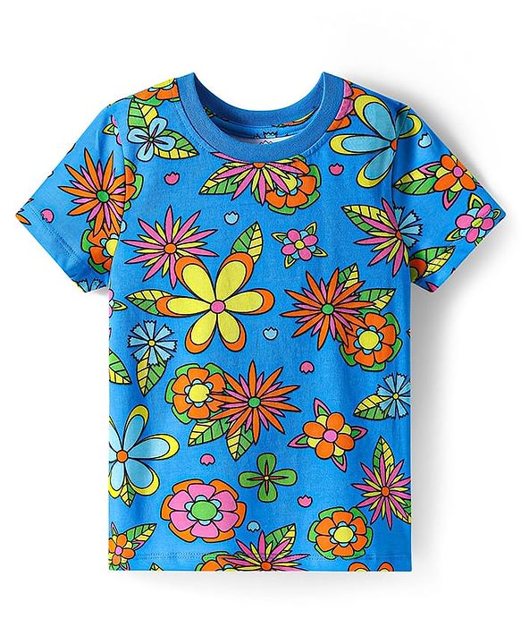 Pine Kids Single Jersey Knit Half Sleeves Night Suit with Floral Print - Blue
