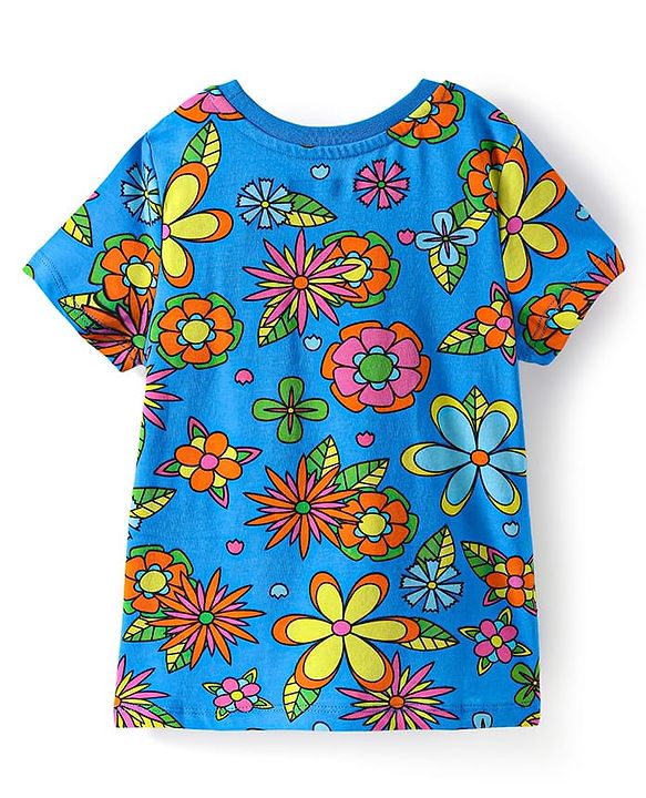 Pine Kids Single Jersey Knit Half Sleeves Night Suit with Floral Print - Blue
