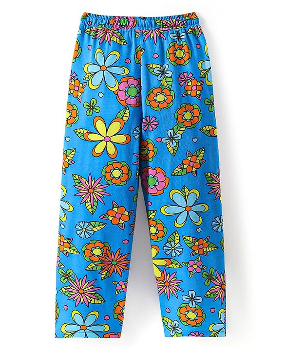 Pine Kids Single Jersey Knit Half Sleeves Night Suit with Floral Print - Blue
