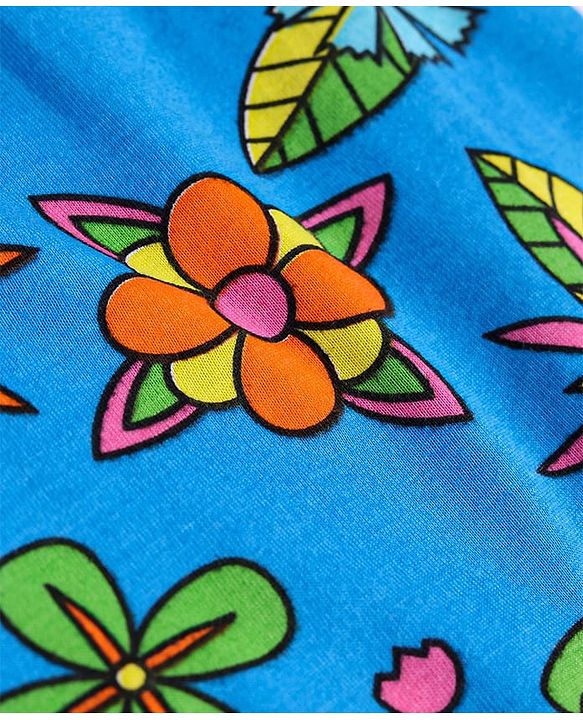 Pine Kids Single Jersey Knit Half Sleeves Night Suit with Floral Print - Blue