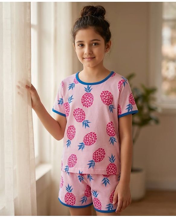 Pine Kids Single Jersey Knit Half Sleeves Shorts Night Suit with Tropical Print - Pink