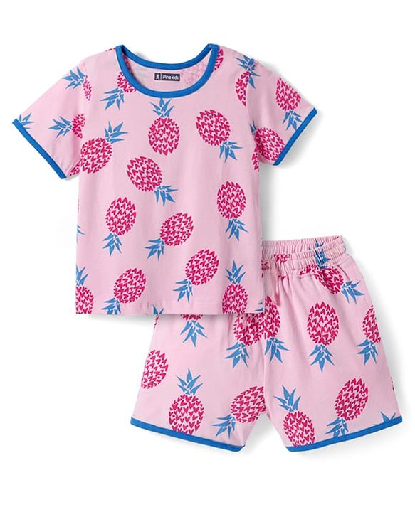 Pine Kids Single Jersey Knit Half Sleeves Shorts Night Suit with Tropical Print - Pink