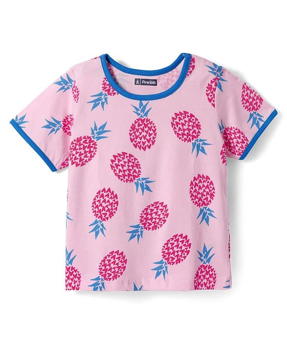 Pine Kids Single Jersey Knit Half Sleeves Shorts Night Suit with Tropical Print - Pink