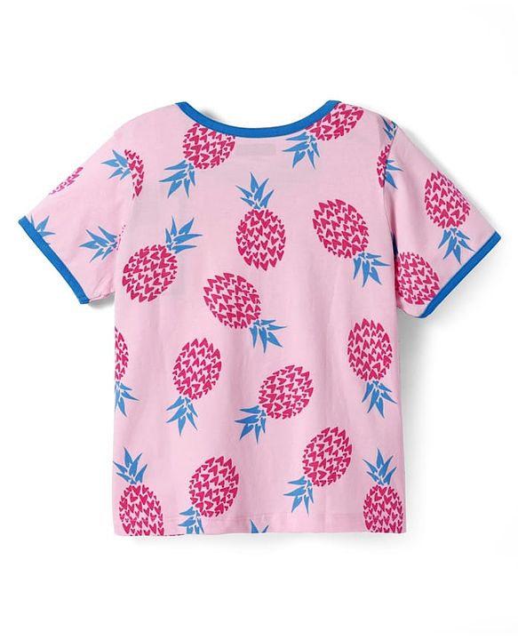 Pine Kids Single Jersey Knit Half Sleeves Shorts Night Suit with Tropical Print - Pink