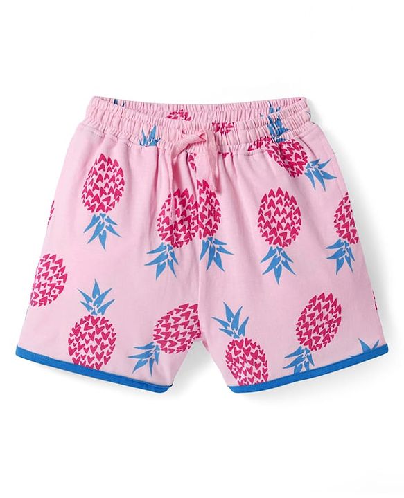Pine Kids Single Jersey Knit Half Sleeves Shorts Night Suit with Tropical Print - Pink