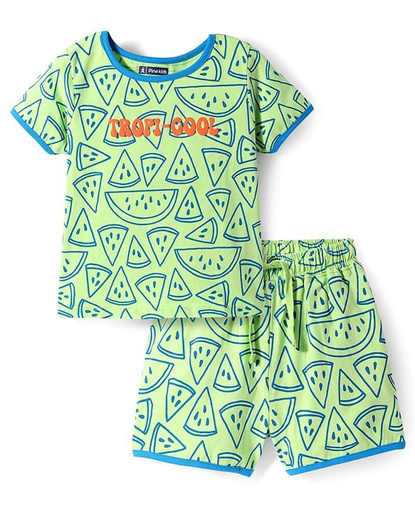 Pine Kids Single Jersey Knit Half Sleeves Shorts Night Suit with Tropical Text Print - Light Green