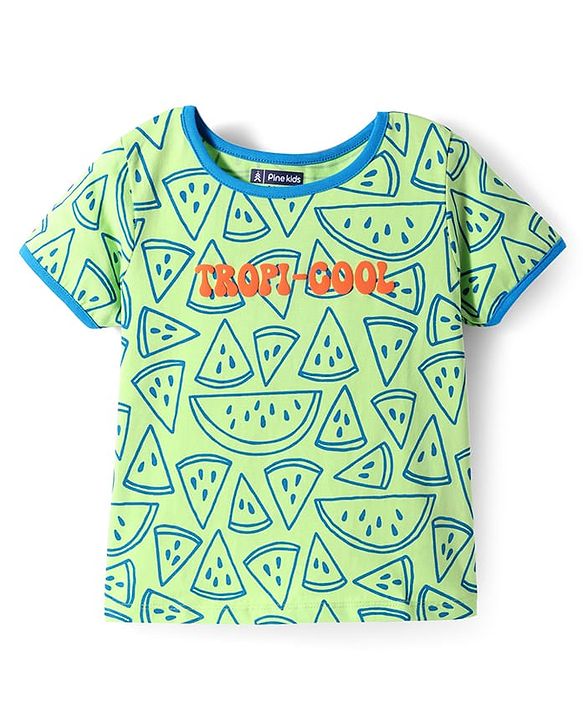 Pine Kids Single Jersey Knit Half Sleeves Shorts Night Suit with Tropical Text Print - Light Green