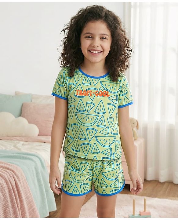 Pine Kids Single Jersey Knit Half Sleeves Shorts Night Suit with Tropical Text Print - Light Green