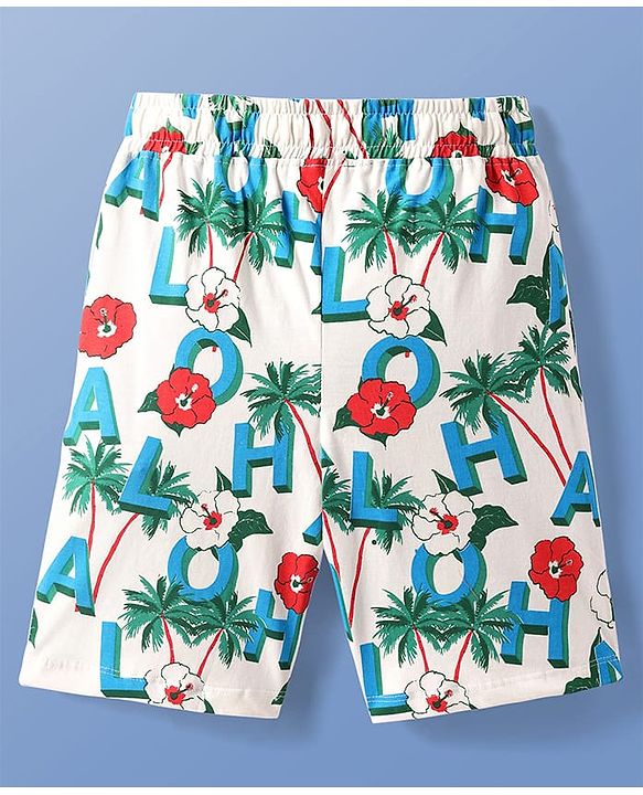 Pine Kids Single Jersey Knit Half Sleeves Shorts Night Suit With Tropical Theme Print - White
