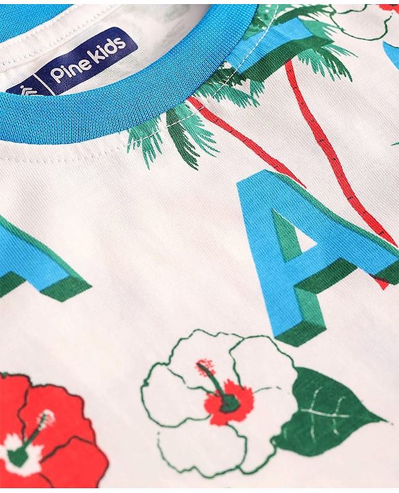 Pine Kids Single Jersey Knit Half Sleeves Shorts Night Suit With Tropical Theme Print - White