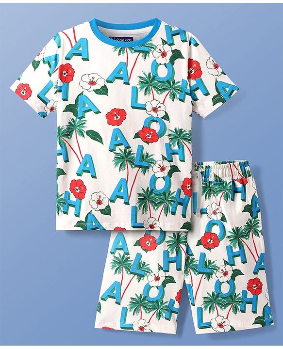 Pine Kids Single Jersey Knit Half Sleeves Shorts Night Suit With Tropical Theme Print - White