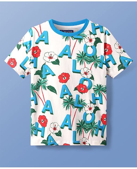 Pine Kids Single Jersey Knit Half Sleeves Shorts Night Suit With Tropical Theme Print - White