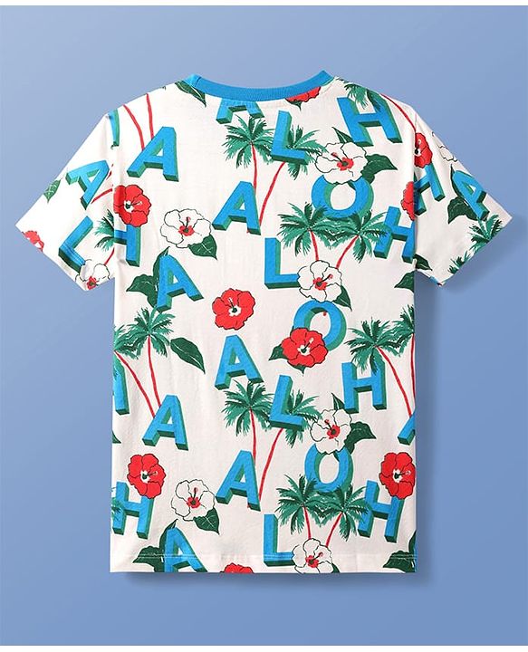Pine Kids Single Jersey Knit Half Sleeves Shorts Night Suit With Tropical Theme Print - White