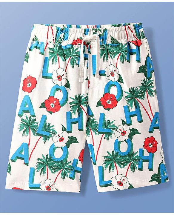 Pine Kids Single Jersey Knit Half Sleeves Shorts Night Suit With Tropical Theme Print - White