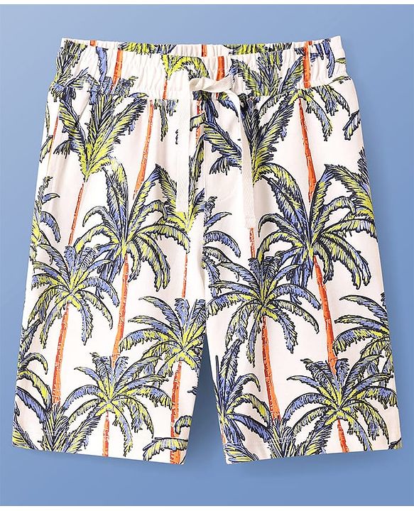 Pine Kids Single Jersey Knit Half Sleeves Shorts Night Suit with Tropical Print -  White