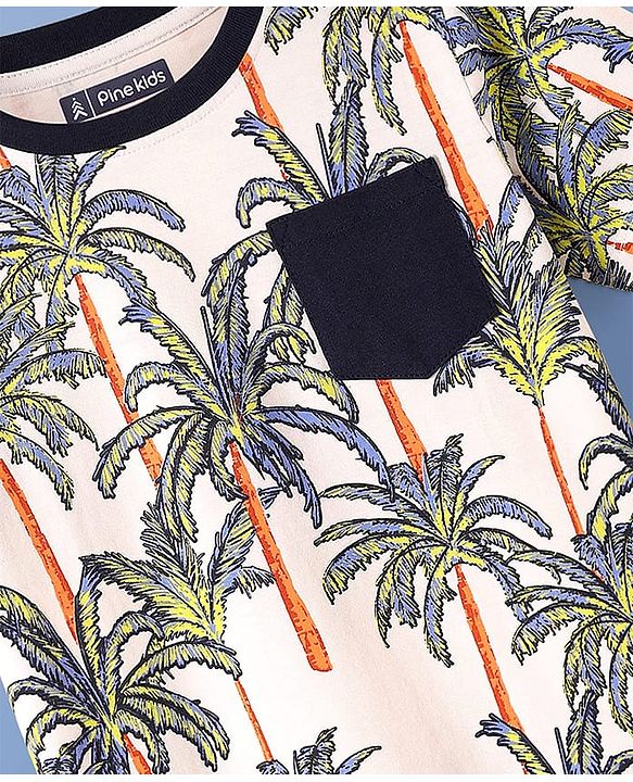 Pine Kids Single Jersey Knit Half Sleeves Shorts Night Suit with Tropical Print -  White