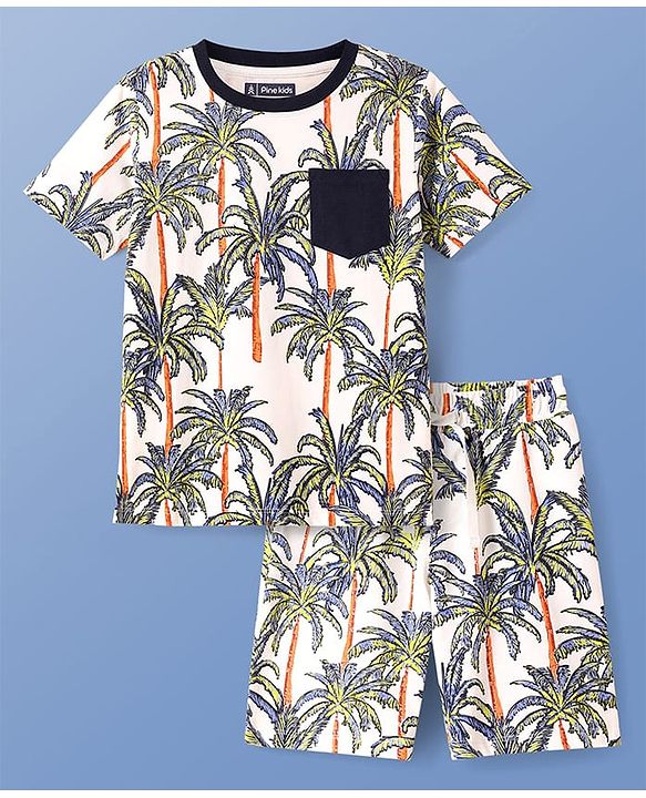 Pine Kids Single Jersey Knit Half Sleeves Shorts Night Suit with Tropical Print -  White