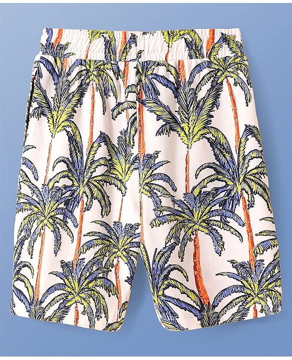Pine Kids Single Jersey Knit Half Sleeves Shorts Night Suit with Tropical Print -  White