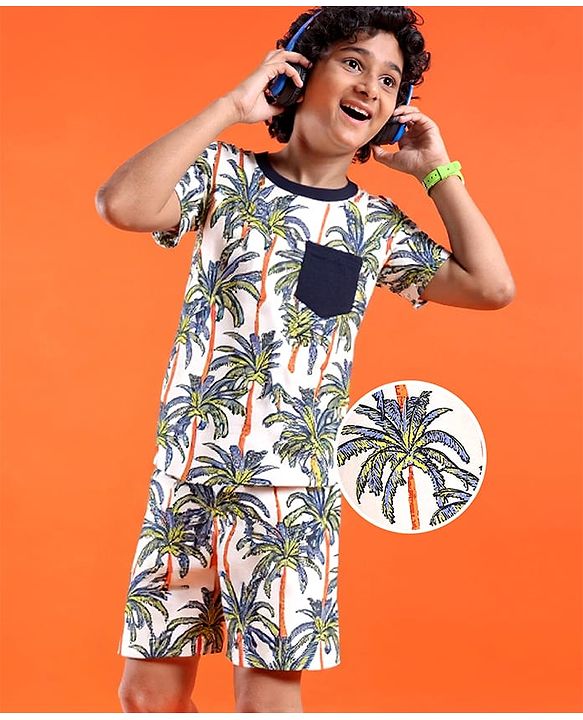 Pine Kids Single Jersey Knit Half Sleeves Shorts Night Suit with Tropical Print -  White