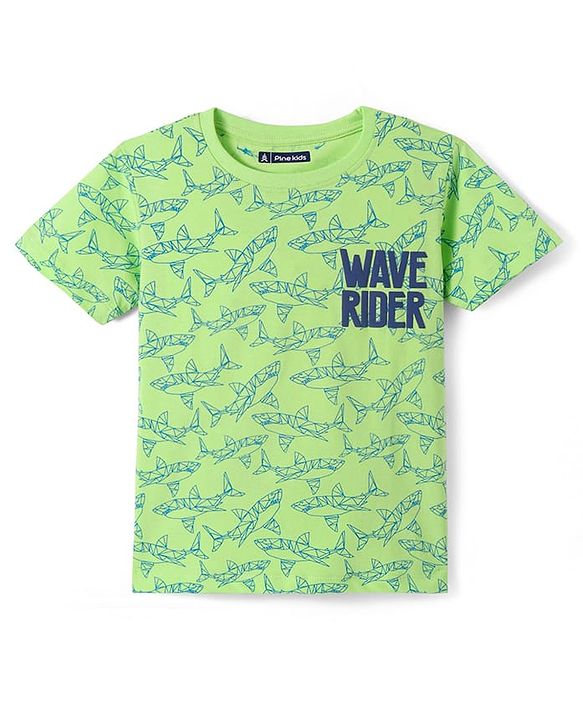 Pine Kids Single Jersey Knit Half Sleeves T-Shirt & Short Night Suit   with Fish Print - Light Green