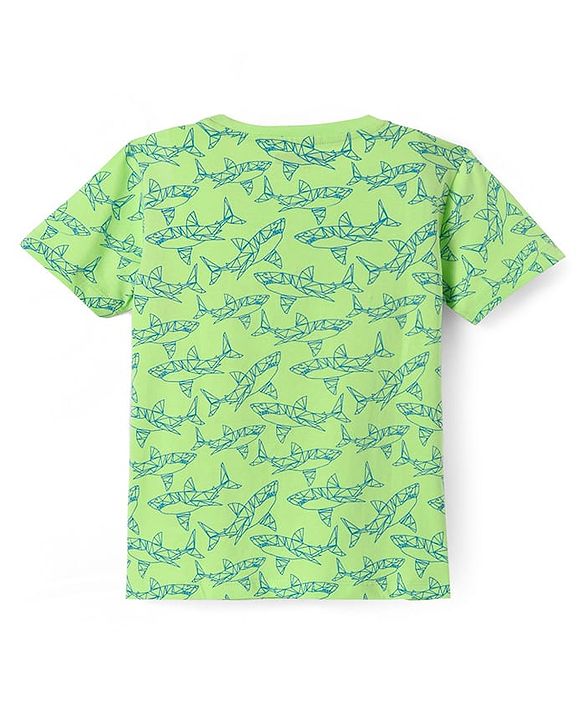 Pine Kids Single Jersey Knit Half Sleeves T-Shirt & Short Night Suit   with Fish Print - Light Green