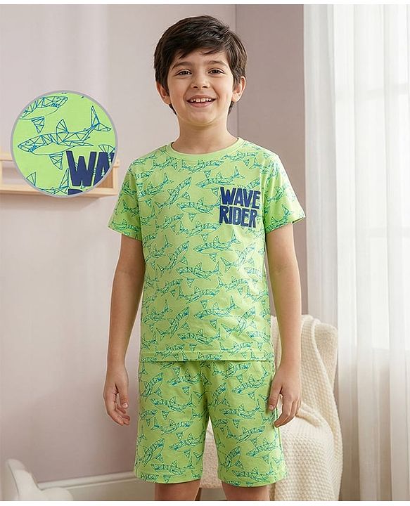Pine Kids Single Jersey Knit Half Sleeves T-Shirt & Short Night Suit   with Fish Print - Light Green