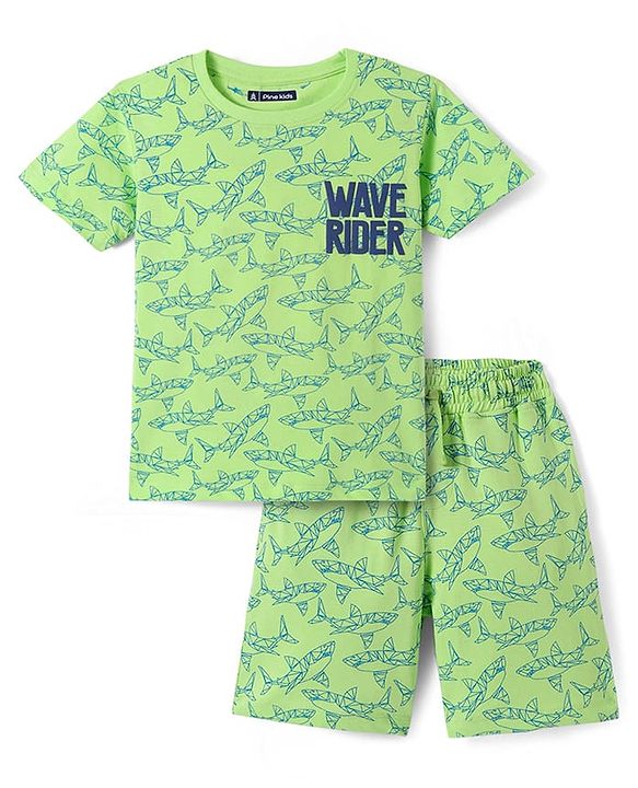 Pine Kids Single Jersey Knit Half Sleeves T-Shirt & Short Night Suit   with Fish Print - Light Green
