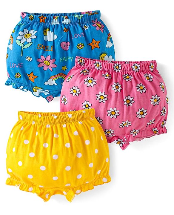 Babyhug 100% Cotton Bloomer with Floral & Polka Dot Print Pack of 3 - Blue Pink & Yellow