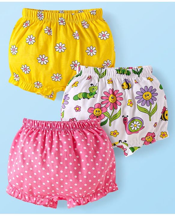 Babyhug 100% Cotton Bloomer with Floral & Polka Dot Print Pack of 3 - Lavender Pink & Yellow