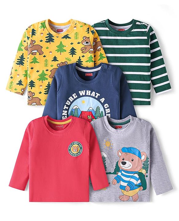 Babyhug Cotton Knit Full Sleeves T-Shirts with Bear Print Pack of 5 - Multicolor