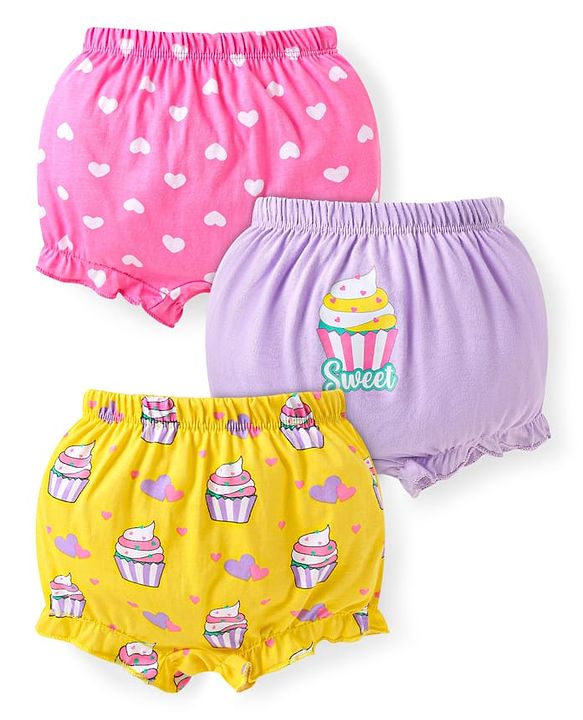 Babyhug 100% Cotton Knit Heart & Cup Cake Printed Bloomers Pack of 3 - Yellow Pink & Lilac