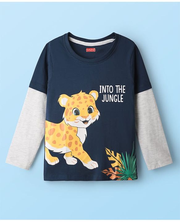 Babyhug Cotton Knit Full Doctor Sleeves T-Shirt with Cub Print - Navy Blue