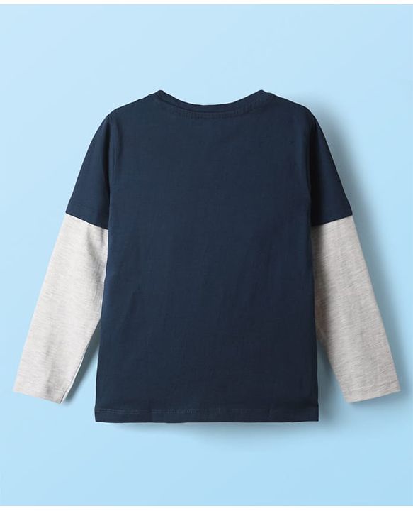 Babyhug Cotton Knit Full Doctor Sleeves T-Shirt with Cub Print - Navy Blue