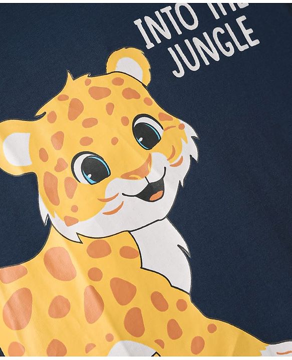 Babyhug Cotton Knit Full Doctor Sleeves T-Shirt with Cub Print - Navy Blue