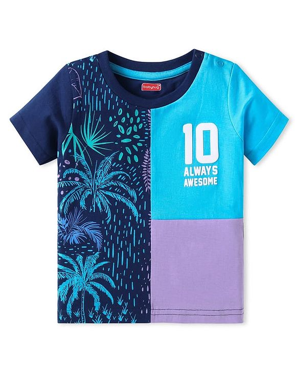 Babyhug Cotton Knit Half Sleeves Cut & Sew T-Shirt with Jungle & Text Print - Navy Blue & Purple