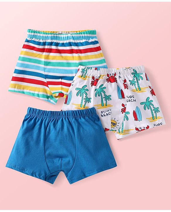Babyhug Single Jersey Knit Trunks With Beach Theme Print Pack of 3 - Blue & White