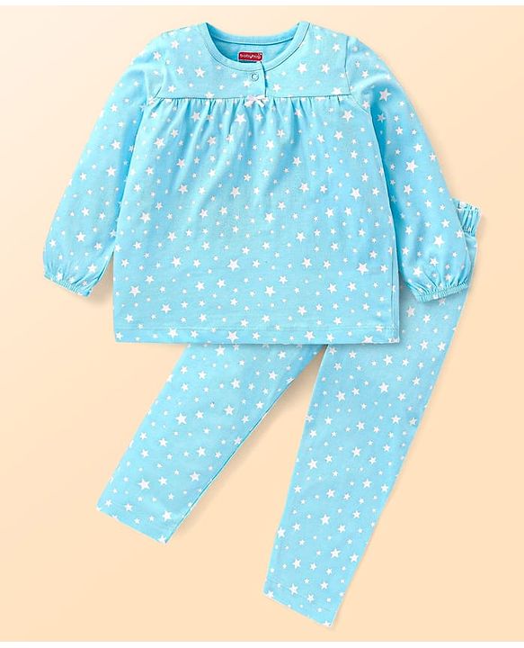 Babyhug Cotton Knit Full Sleeves Night Suit Star Print- Light Blue