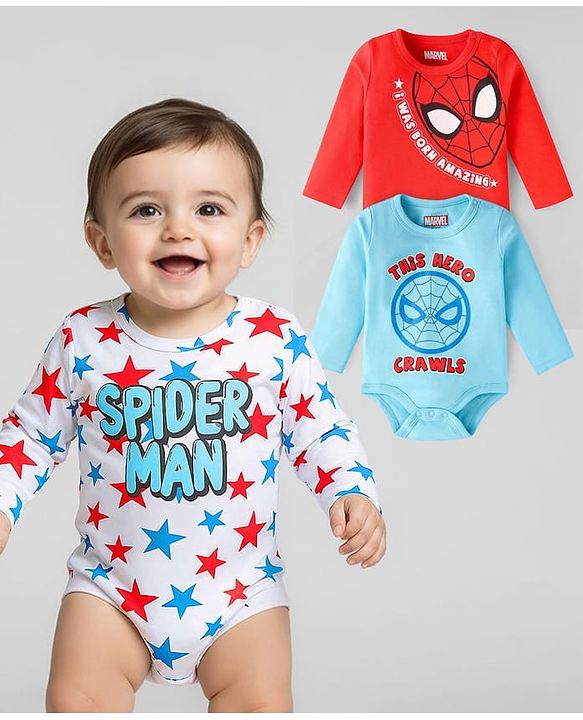 Babyhug Marvel Interlock Knit Full Sleeves Onesies With Spiderman Graphics Pack of 3 - Light Blue Red & White