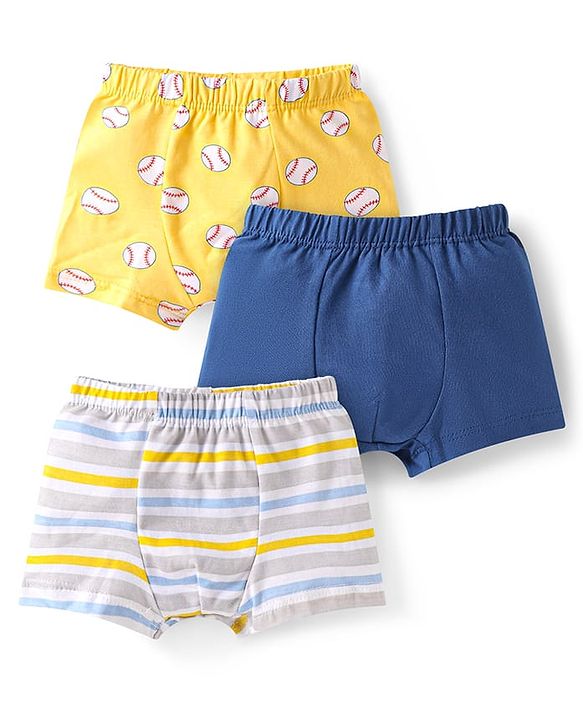 Babyhug Single Jersey Knit Trunks with Stripes & Ball Print Pack of 3 - Yellow White & Navy Blue