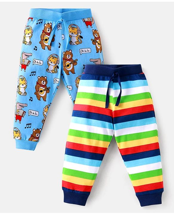 Babyhug Single Jersey Knit Full Length Lounge Pants with Animal & Strips Print Pack of 2 - Light Blue & Navy Blue