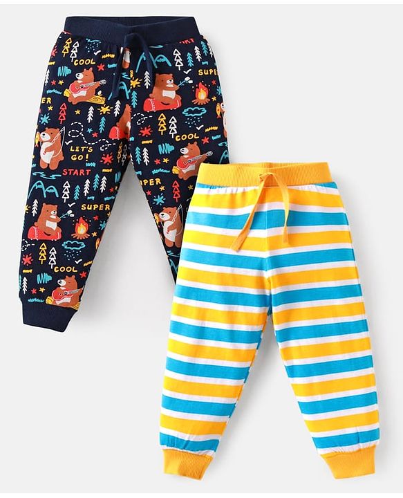 Babyhug Cotton Full Length Text Print Lounge Pants Pack of 2 - Blue & Lime main image 1
