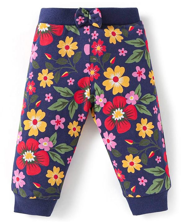Babyhug Single Jersey Knit Full Length Lounge Pants with Floral & Text Print Pack of 2 - Navy Blue & Red