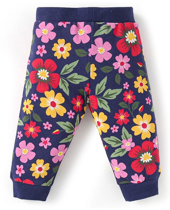 Babyhug Single Jersey Knit Full Length Lounge Pants with Floral & Text Print Pack of 2 - Navy Blue & Red