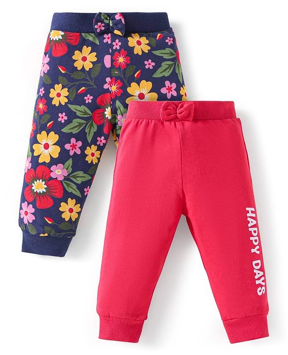 Babyhug Single Jersey Knit Full Length Lounge Pants with Floral & Text Print Pack of 2 - Navy Blue & Red