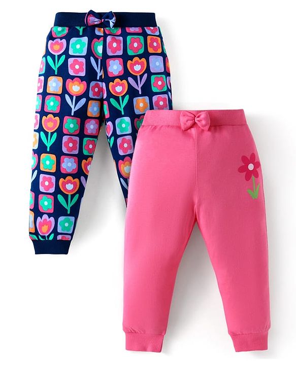 Babyhug Single Jersey Knit Full Length Lounge Pants with Floral Print & Bow Pack Of 2 - Pink Navy Blue